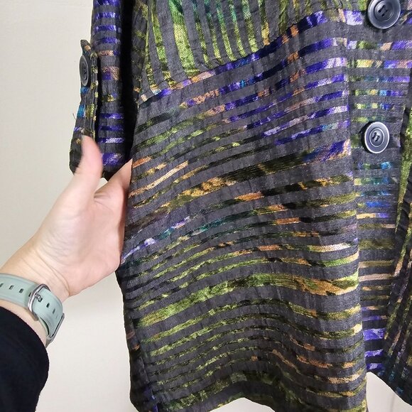 Boho Chic Multicolor Button-Up Jacket L Back Zip Pleats Artsy Lagenlook Lagom - Picture 10 of 12